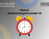 Text: Hurry! Windows 10 Expires October '25 with a picture of an alarm clock to show that the matter is somewhat urgent