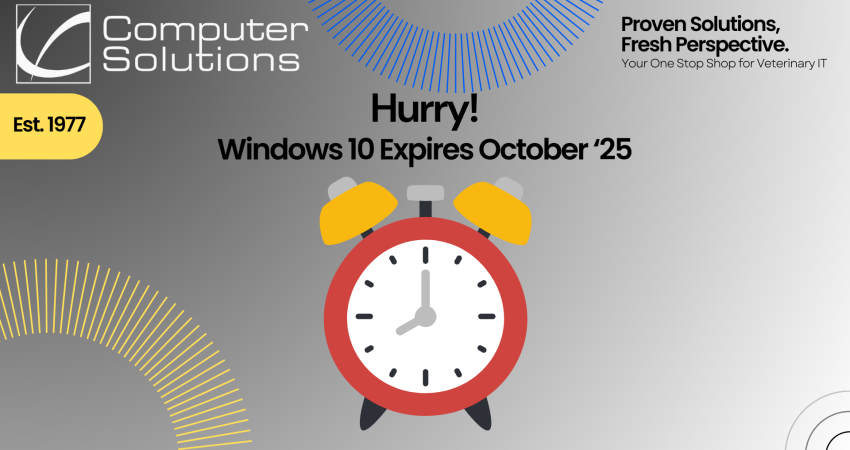 Text: Hurry! Windows 10 Expires October '25 with a picture of an alarm clock to show that the matter is somewhat urgent