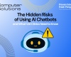 Title image. Includes the Computer Solutions logo and includes the title about the risks of using chatbots in vet clinics. Also includes an illustration of a friendly robot to represent chatbots and a caution signal used in computer programs.