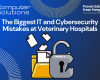 Title image with information about veterinary IT company, Computer Solutions. The image also shows a folder with files flying out showing a data breach. This image is meant to outline the dangers of making IT and cybersecurity mistakes that we see veterinary hospitals make frequently.