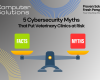 Title image. This includes Computer Solutions contact info and tagline as well at a scale balancing facts and myths showing that both are floating around regarding veterinary cybersecurity.