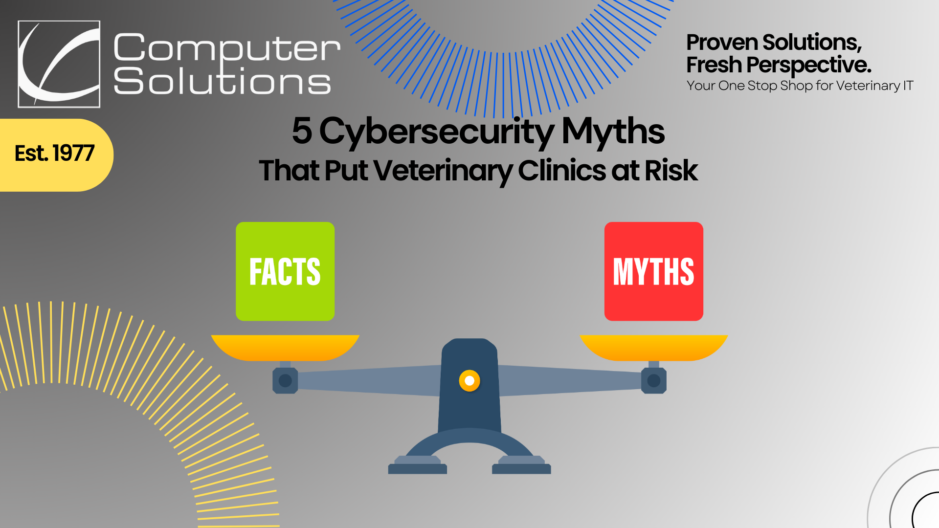 Title image. This includes Computer Solutions contact info and tagline as well at a scale balancing facts and myths showing that both are floating around regarding veterinary cybersecurity.