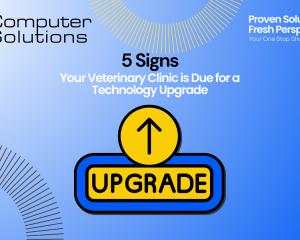 Title image. This includes the Computer Solutions logo, contact information, and tagline: "Your one-stop-shop for veterinary IT". It also contains a large button with the word "Upgrade" in the center.