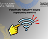 Veterinary Network Issues article title image. This includes the Computer Solutions logo, contact info, and tagline. It also shows an accusing finger pointed at a wi-fi signal symbol.