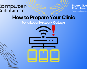 Title image for blog post about a vet practice outage plan. This includes a symbol for a local network that is having issues. It also includes the Computer Solutions logo, tagline, and contact information.