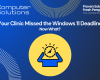 Windows 11 upgrade deadline article title image. This includes the Computer Solutions tagline, logo, and contact information. It also includes a graphic of a person stressing out about a missed deadline