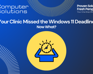 Windows 11 upgrade deadline article title image. This includes the Computer Solutions tagline, logo, and contact information. It also includes a graphic of a person stressing out about a missed deadline