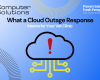 Title image for a blog about cloud outage responses for vet clinics. This includes a cloud image with an error. It also includes the Computer Solutions tagline, logo, and contact information.