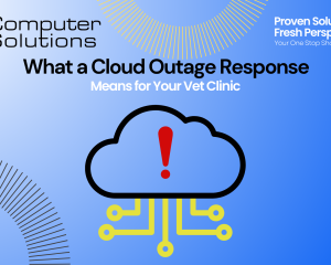 Title image for a blog about cloud outage responses for vet clinics. This includes a cloud image with an error. It also includes the Computer Solutions tagline, logo, and contact information.