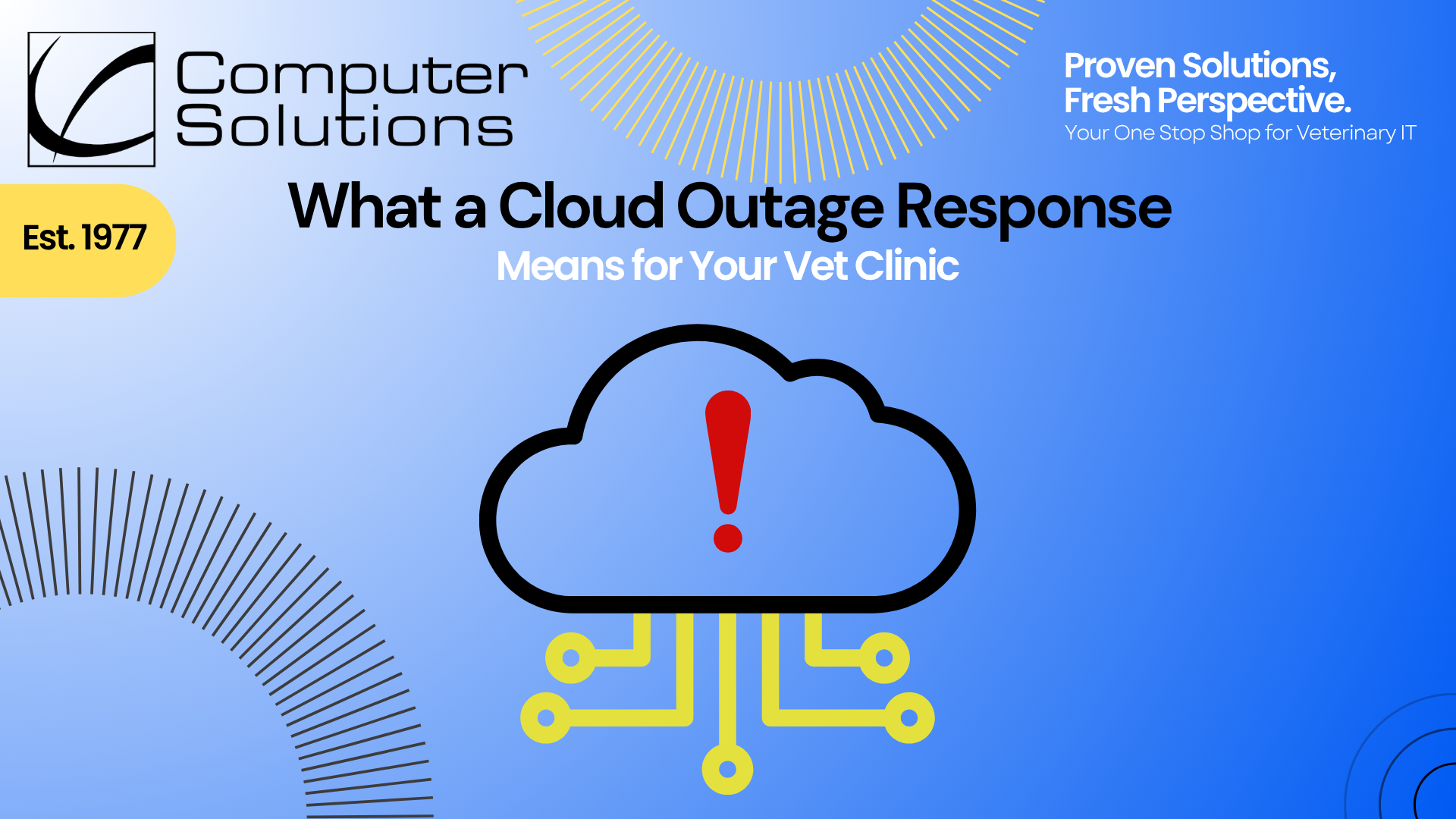 Title image for a blog about cloud outage responses for vet clinics. This includes a cloud image with an error. It also includes the Computer Solutions tagline, logo, and contact information.
