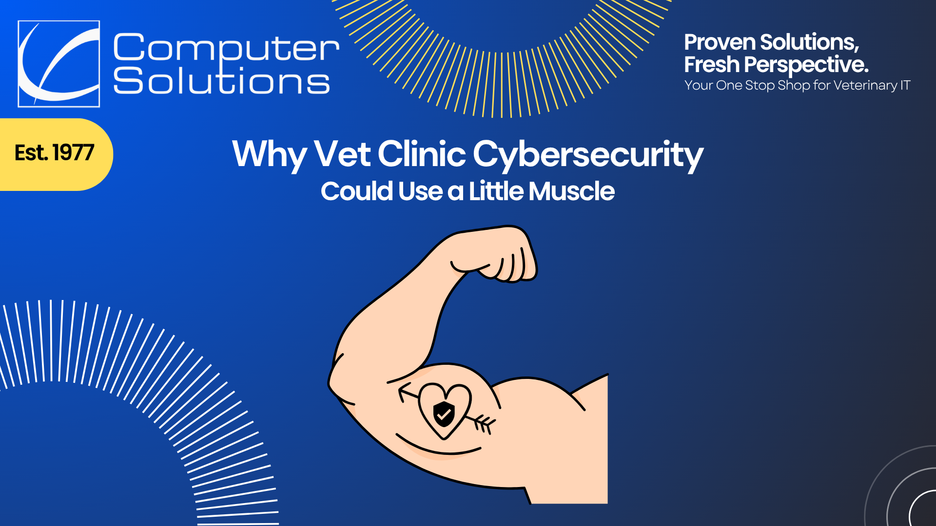 vet clinic cybersecurity article title image. This includes the Computer Solutions tagline, logo, and contact info, along with a graphic of a bicep with a cybersecurity tattoo