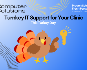 Turnkey IT support article for veterinarians from Computer Solutions, veterinary IT and cybersecurity. This includes a turkey pointing at a key as a holiday play on turnkey support.
