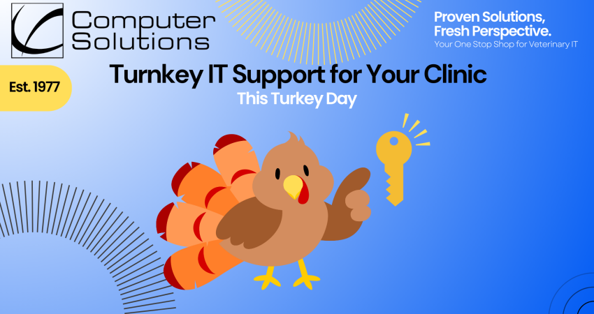 Turnkey IT support article for veterinarians from Computer Solutions, veterinary IT and cybersecurity. This includes a turkey pointing at a key as a holiday play on turnkey support.