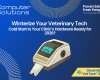 Veterinary hardware upgrade article title image. This includes the Computer Solutions tagline, logo, and contact information as well as a graphic of a label maker that's looking a bit outdated and it showing an error message.
