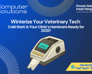 Veterinary hardware upgrade article title image. This includes the Computer Solutions tagline, logo, and contact information as well as a graphic of a label maker that's looking a bit outdated and it showing an error message.