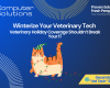 Veterinary holiday coverage article title image. This includes the Computer Solutions tagline, logo, and contact information as well as an image of cat tangled up in holiday lights.