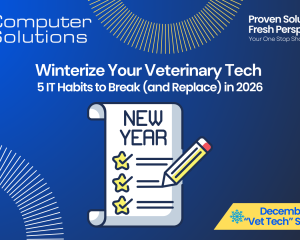 Veterinary IT checklist article title image. This includes the Computer Solutions tagline, logo, and contact information. IT also includes a graphic of a list of resolutions for the new year.