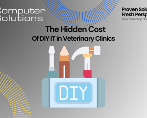 DIY veterinary IT article title page. This includes the Computer Solutions logo, tagline, and contact information, as well as an image of a tool box.