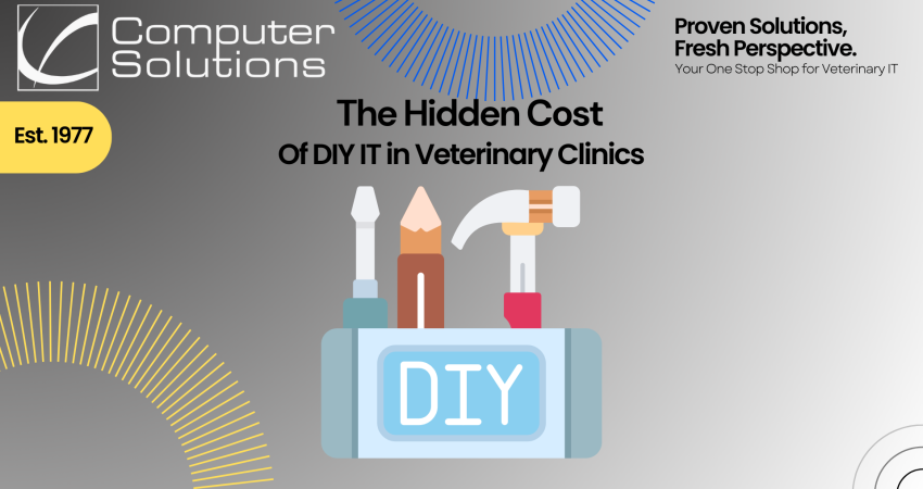 DIY veterinary IT article title page. This includes the Computer Solutions logo, tagline, and contact information, as well as an image of a tool box.