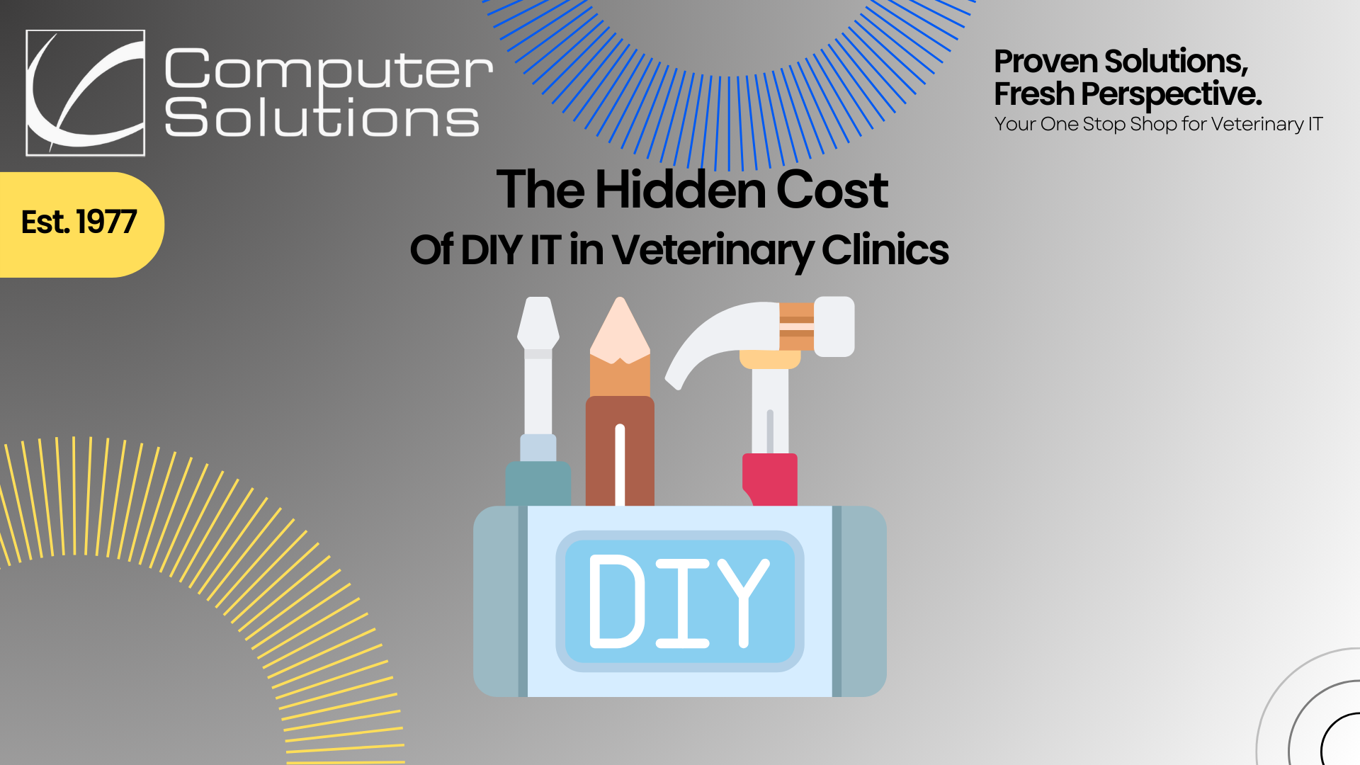 DIY veterinary IT article title page. This includes the Computer Solutions logo, tagline, and contact information, as well as an image of a tool box.