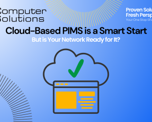 Cloud veterinary software article. This includes the title, an image of a cloud with a check mark on it behind some files. It also includes the Computer Solutions tagline, logo, and contact information.
