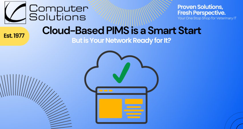 Cloud veterinary software article. This includes the title, an image of a cloud with a check mark on it behind some files. It also includes the Computer Solutions tagline, logo, and contact information.