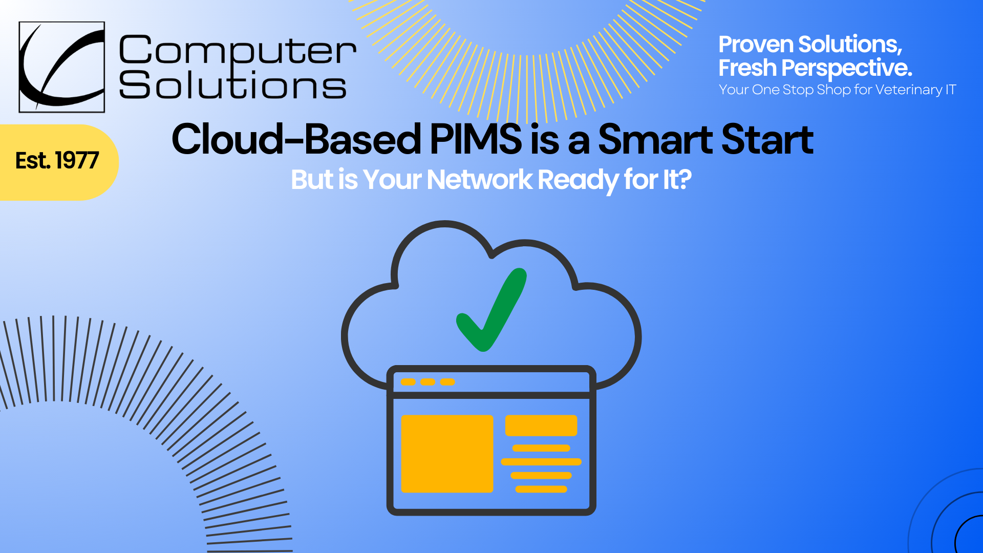 Cloud veterinary software article. This includes the title, an image of a cloud with a check mark on it behind some files. It also includes the Computer Solutions tagline, logo, and contact information.