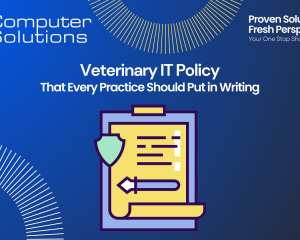 Veterinary IT policy article title page. This includes the Computer Solutions logo, tagline, and contact information. It also includes a graphic of a policy form.