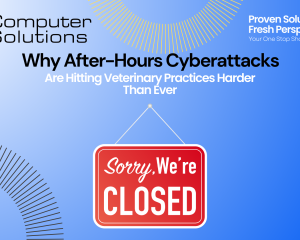 After-hours cyberattacks article title page. This includes the Computer Solutions logo, tagline, and contact information as well as a graphic of a sign reading "Sorry, We're Closed".