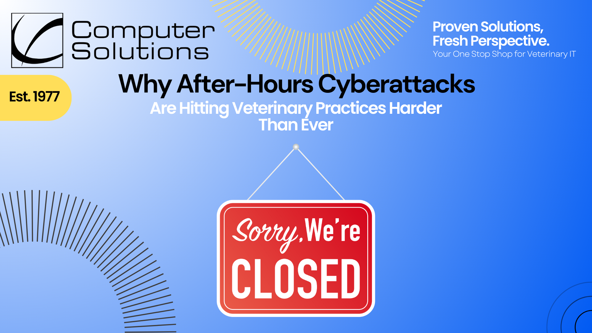 After-hours cyberattacks article title page. This includes the Computer Solutions logo, tagline, and contact information as well as a graphic of a sign reading "Sorry, We're Closed".