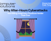 After-hours cyberattacks article title page. This includes the Computer Solutions logo, tagline, and contact information as well as a graphic of a night sky through a window.