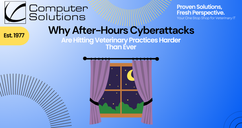After-hours cyberattacks article title page. This includes the Computer Solutions logo, tagline, and contact information as well as a graphic of a night sky through a window.