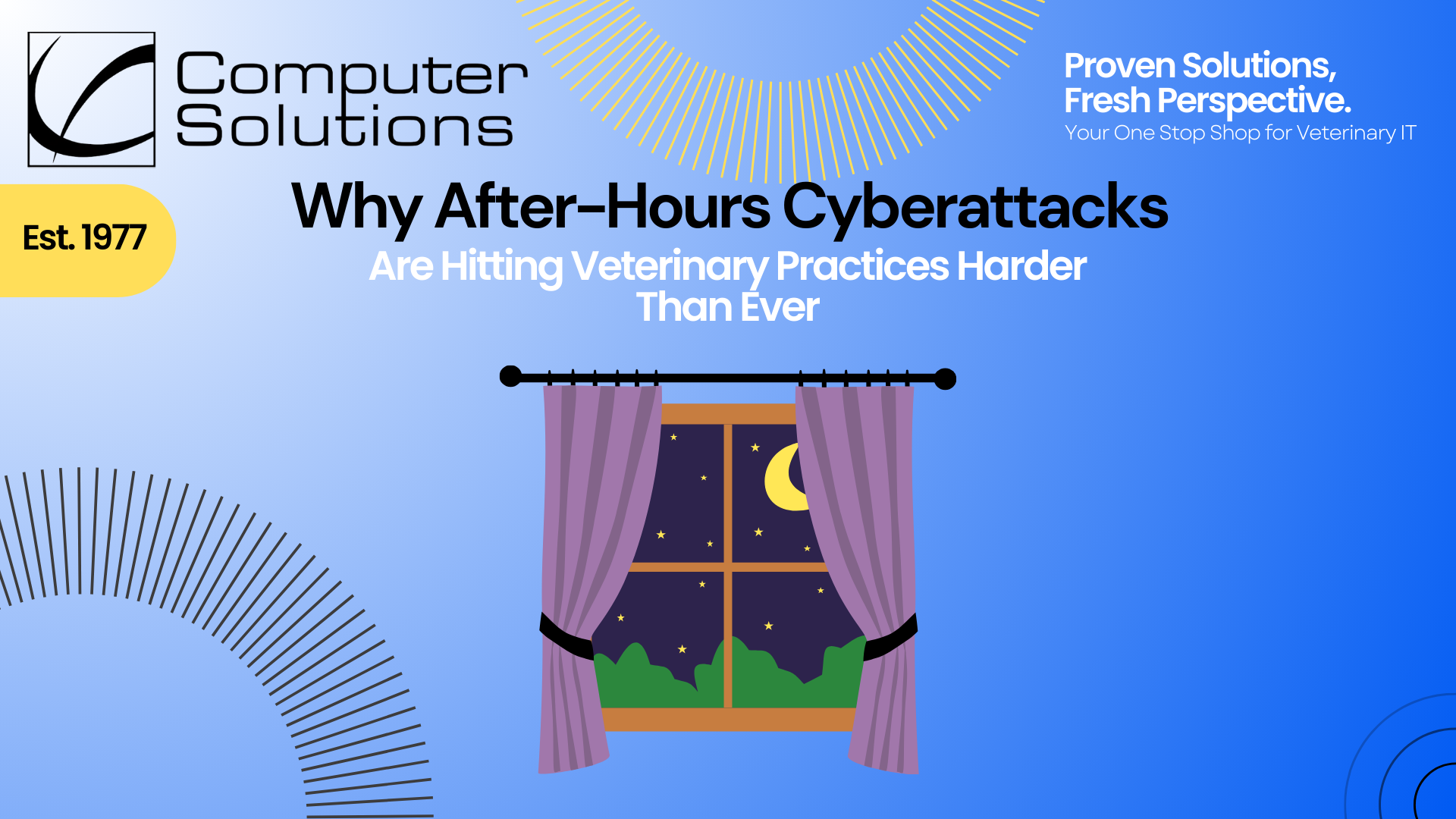 After-hours cyberattacks article title page. This includes the Computer Solutions logo, tagline, and contact information as well as a graphic of a night sky through a window.