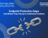 Endpoint protection gaps article title image. This includes the Computer Solutions logo, tagline, and contact information as well as a graphic of a length of chain with a broken link.