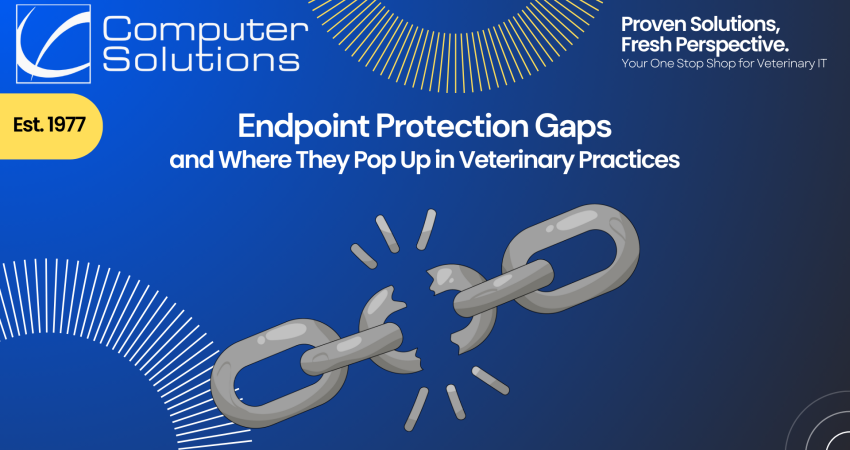 Endpoint protection gaps article title image. This includes the Computer Solutions logo, tagline, and contact information as well as a graphic of a length of chain with a broken link.