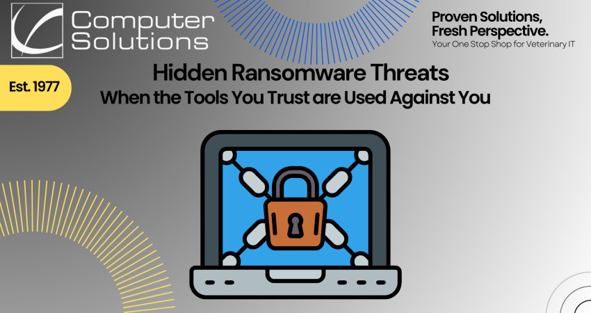 Hidden ransomware threats article title photo. This includes the Computer Solutions logo, tagline, and contact information, as well as a graphic of a computer that has been locked by outside forces and used for ransom.