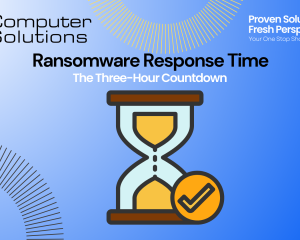 Ransomware response time article title image. This includes the Computer Solutions logo, tagline, and contact information as well as a graphic of an hour glass.