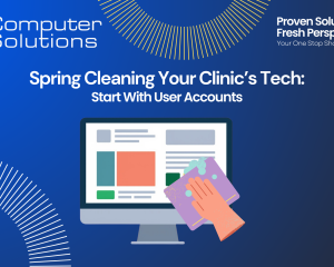 Veterinary IT audit article from Computer Solutions, veterinary IT support provider, with their logo, tagline, and contact information. This also includes a graphic of someone scrubbing a monitoring with a rag and soap.