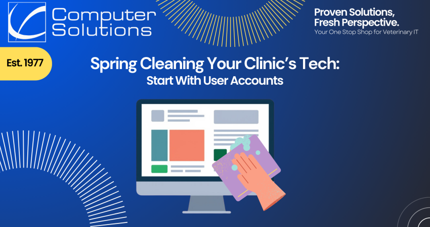 Veterinary IT audit article from Computer Solutions, veterinary IT support provider, with their logo, tagline, and contact information. This also includes a graphic of someone scrubbing a monitoring with a rag and soap.