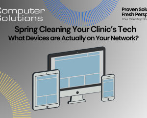 Title image for veterinary device audit article. This includes the Computer Solutions tagline, logo, and contact information as well as a graphic of a monitor, tablet, and smartphone.