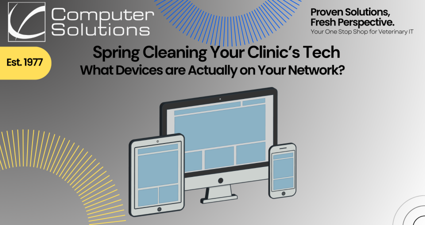 Title image for veterinary device audit article. This includes the Computer Solutions tagline, logo, and contact information as well as a graphic of a monitor, tablet, and smartphone.