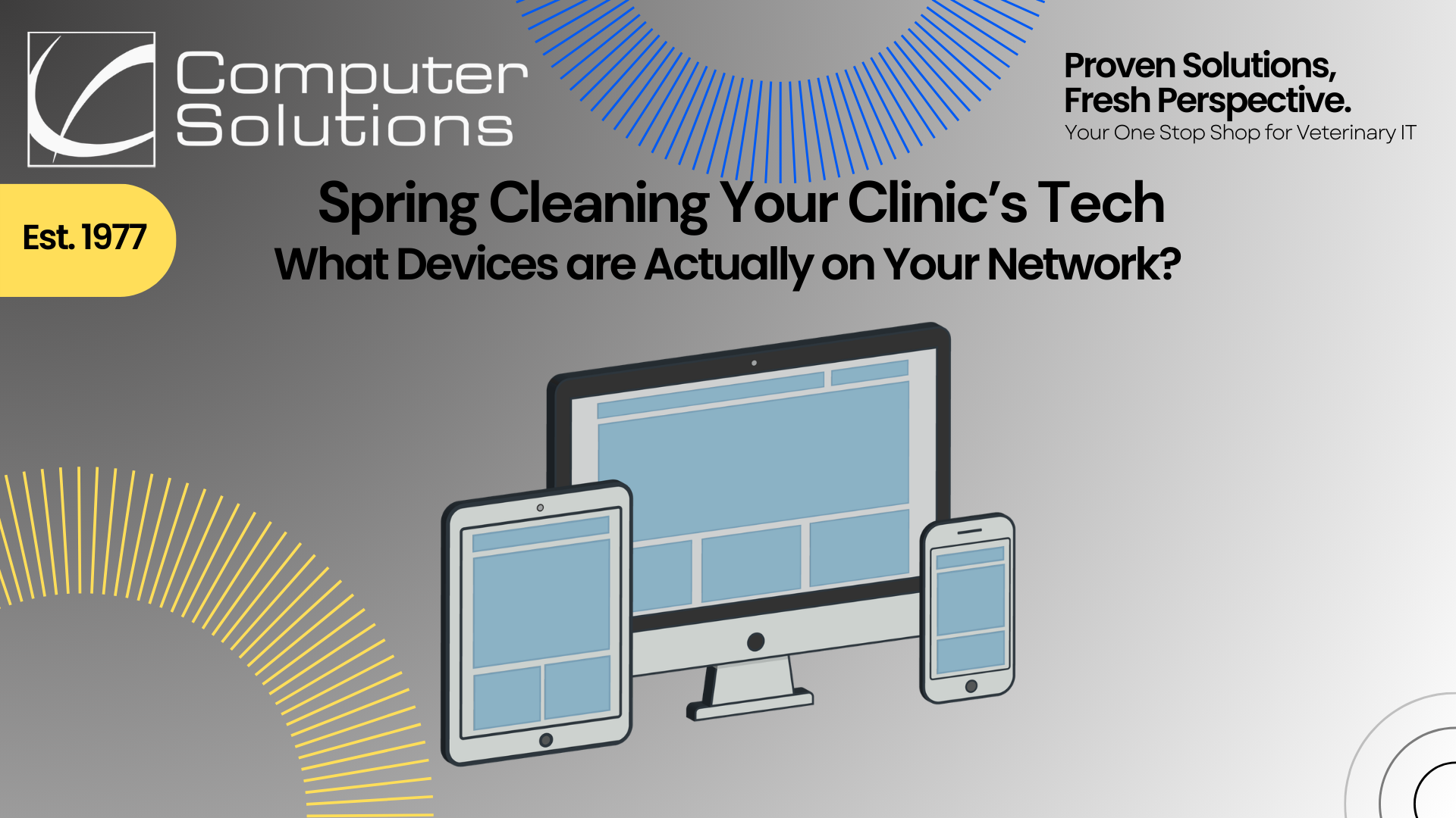 Title image for veterinary device audit article. This includes the Computer Solutions tagline, logo, and contact information as well as a graphic of a monitor, tablet, and smartphone.