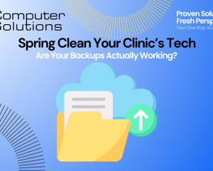 Veterinary data backup article title page. This include the Computer Solutions tagline, logo, and contact information as well as a graphic of a data file being backed up into the cloud.