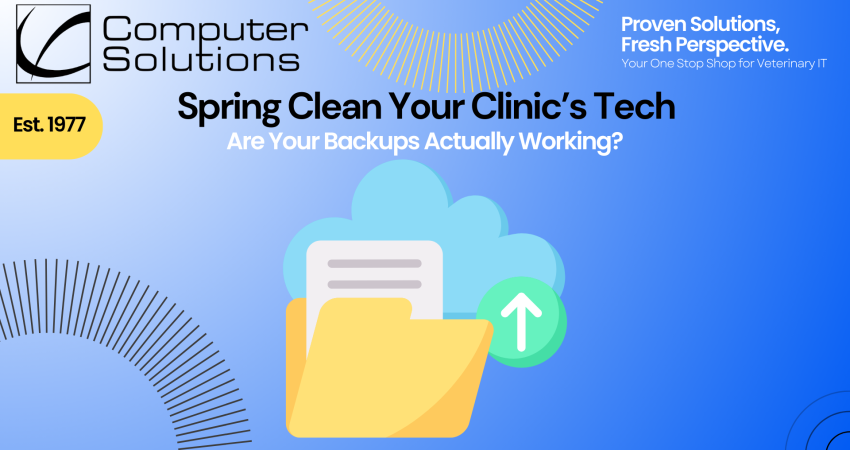 Veterinary data backup article title page. This include the Computer Solutions tagline, logo, and contact information as well as a graphic of a data file being backed up into the cloud.