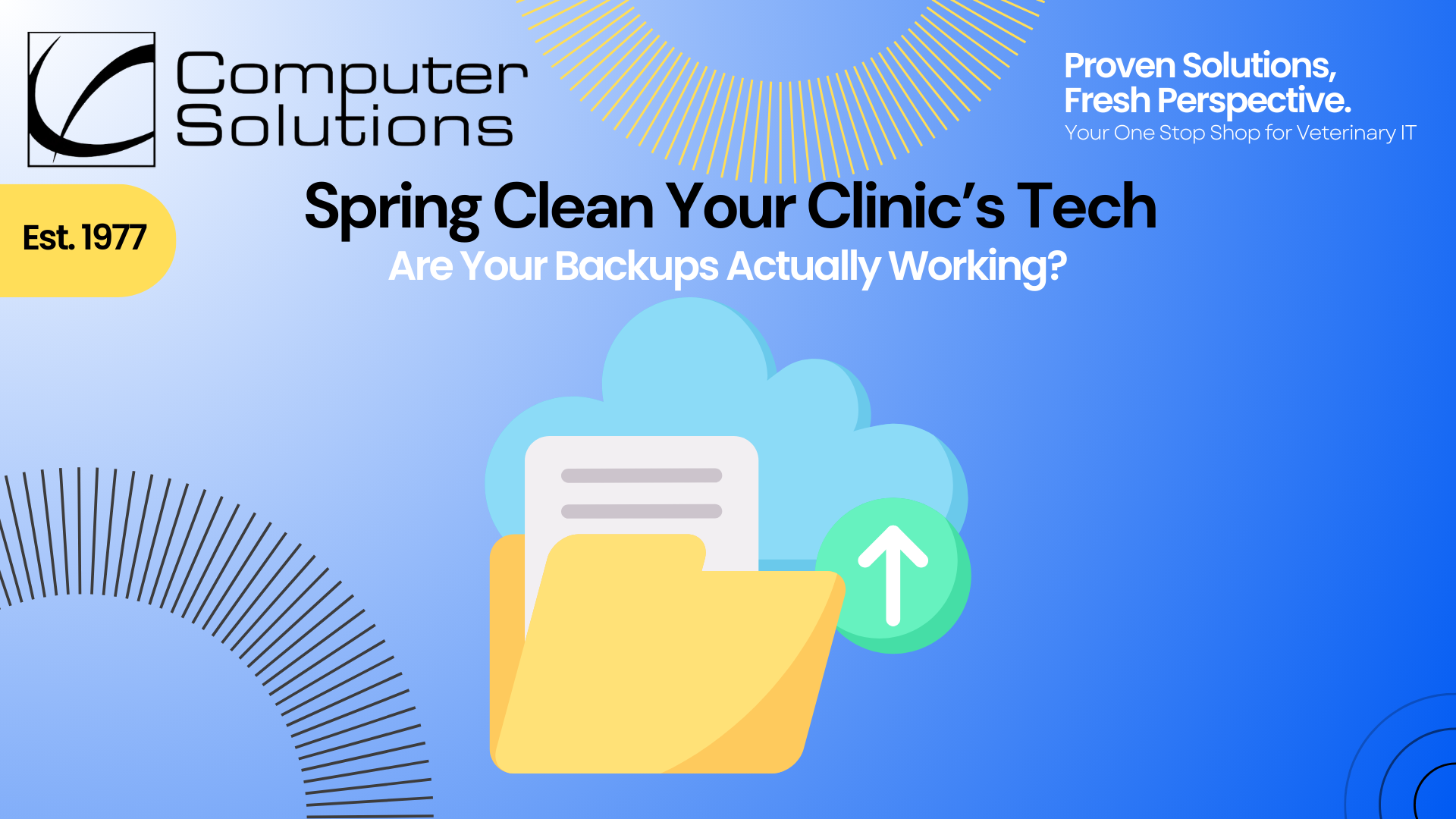 Veterinary data backup article title page. This include the Computer Solutions tagline, logo, and contact information as well as a graphic of a data file being backed up into the cloud.