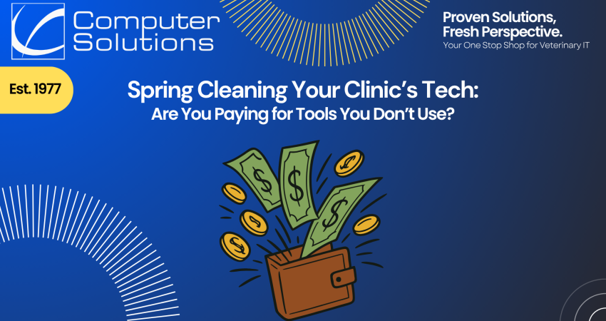 Veterinary IT expenses article including the Computer Solutions logo, tagline, and contact information. It also features the title of the article and a graphic of dollars and coins flying out of a wallet.