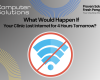 Veterinary internet outage article. This includes the Computer Solutions tagline, logo, and contact info, as well as a graphic of a "no internet connection" error code.