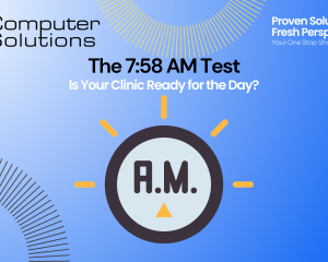 Veterinary IT readiness article. This includes the Computer Solutions tagline, logo, and contact information as well as a graphic of an A.M. alarm going off.
