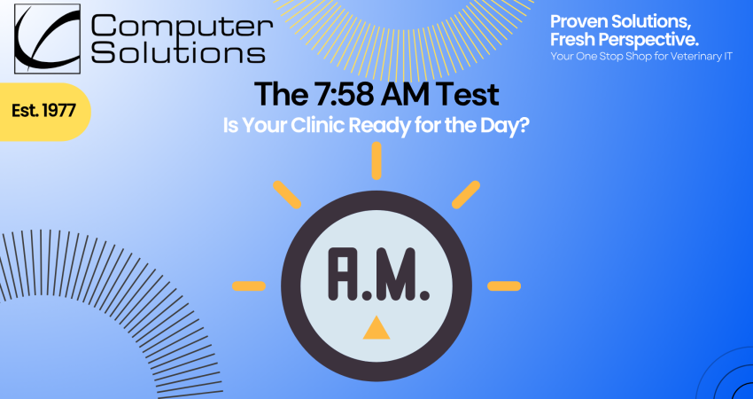 Veterinary IT readiness article. This includes the Computer Solutions tagline, logo, and contact information as well as a graphic of an A.M. alarm going off.
