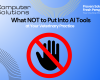 AI data privacy article including the Computer Solutions logo, tagline, and contact information. It also includes a graphic of a hand with a red line through it indicating to "Stop"